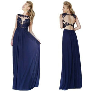 Sherri Hill Navy Blue Lace Illusion Open Back Formal Gown $298
